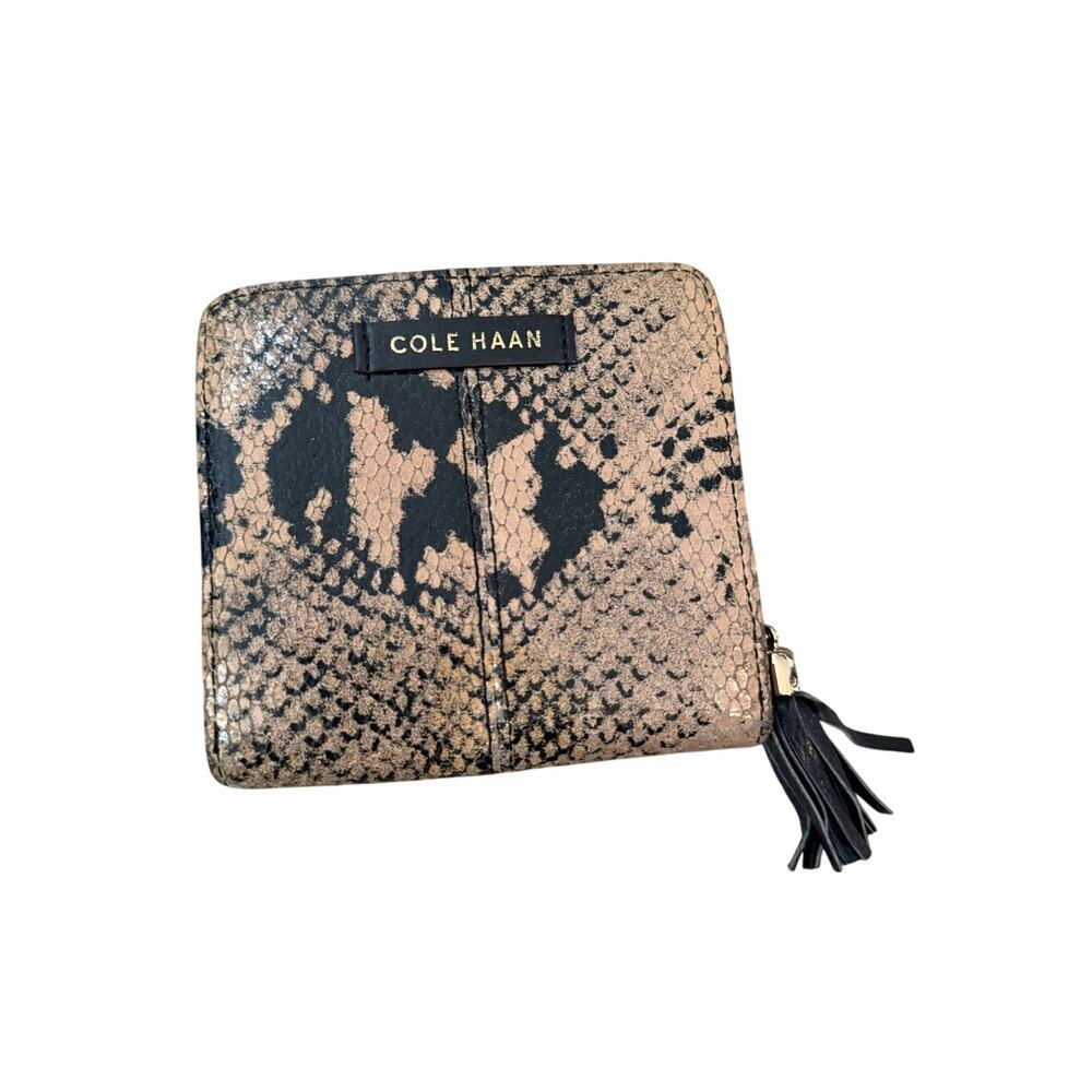 Cole Haan Card Wallet Snakeskin Print Leather Tan Black